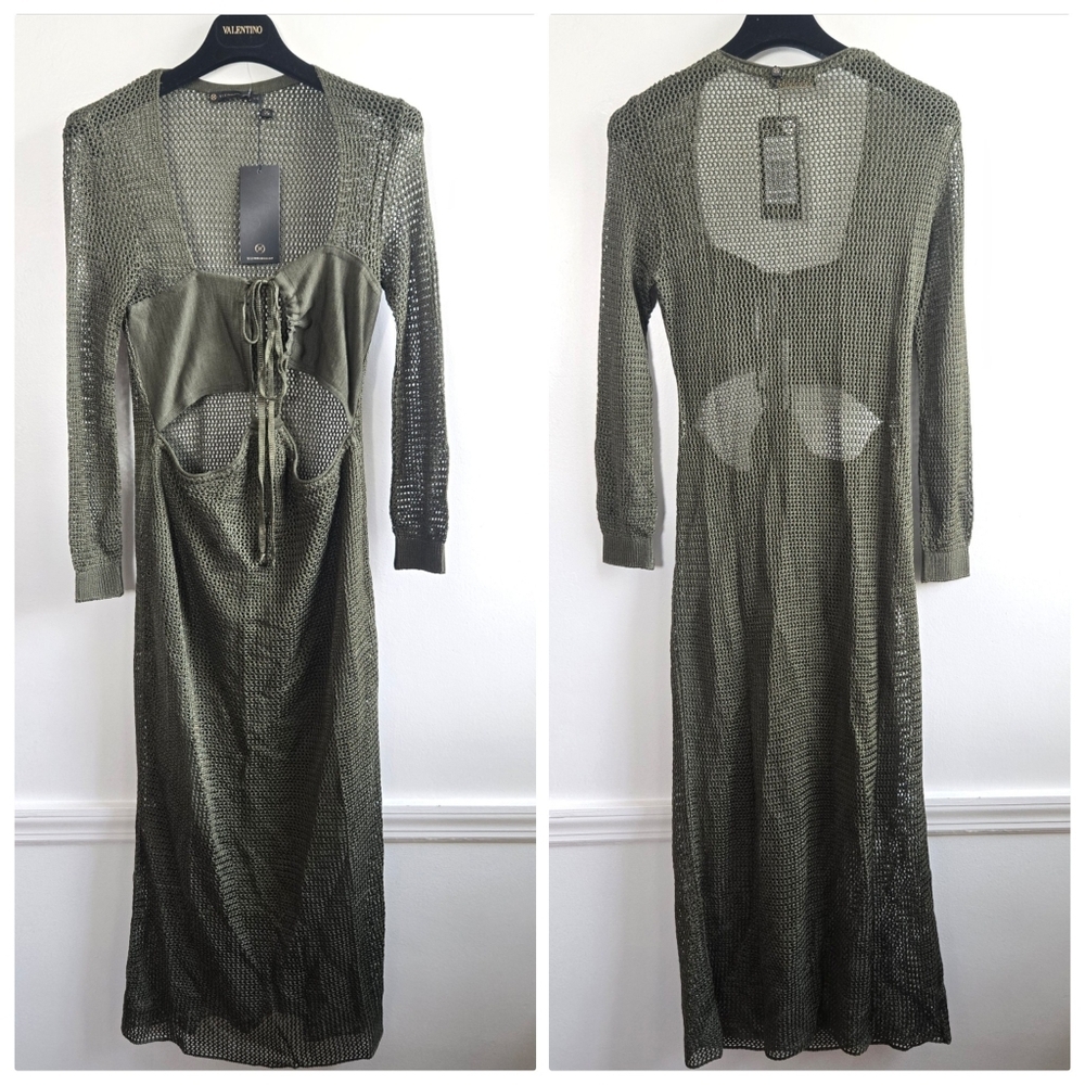 New Vix Penny Knit Front Cutout Detail L/S Olive Maxi Dress Large Nwt Msrp $748